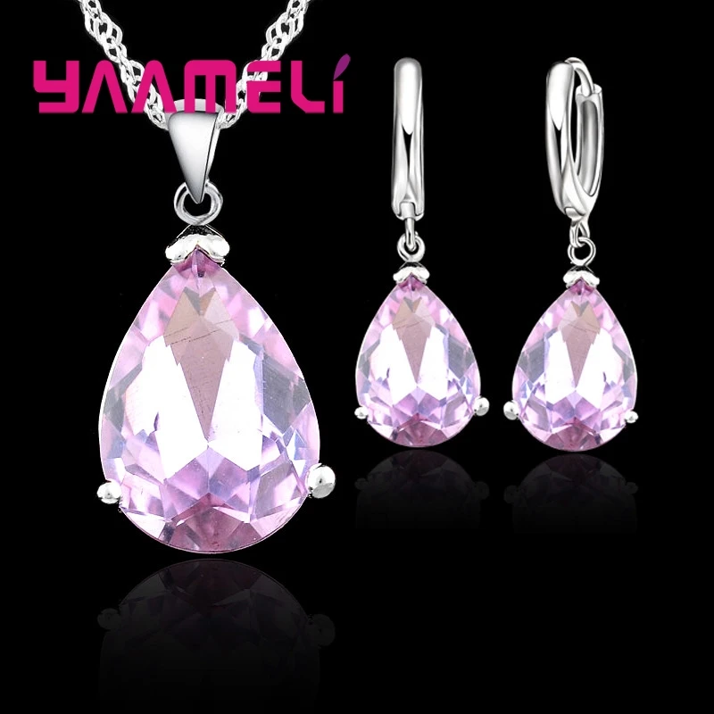 Elegant Water Drop Woman Party Wedding Jewelry 925 Sterling Silver AAA Cubic Zircon Fashion Crystal Earring Necklace Set