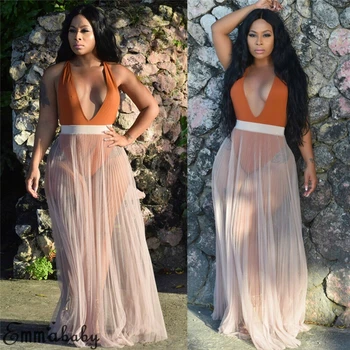 

New Women Sexy Sheer Pleated Skirts Cover Up Summer Elegant Solid Draped Loose Skirts Lady Chic Party Beach Long Maxi Skirt 2019