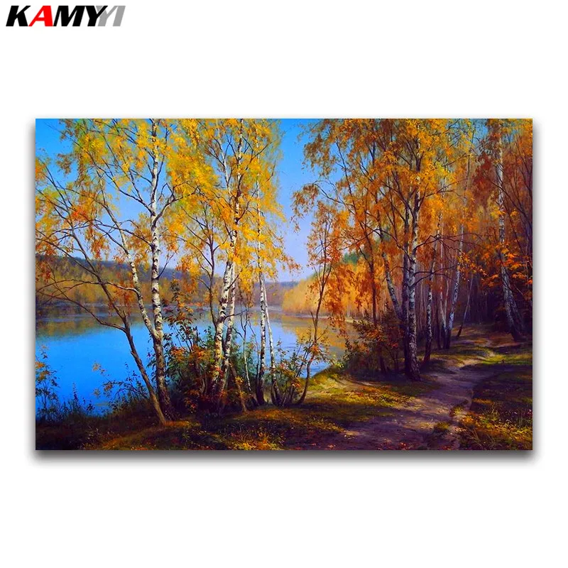 

Landscape 5D DIY Diamond painting Cross stitch maple Tree Full square Diamond embroidery Water round Diamond mosaic Forest Road