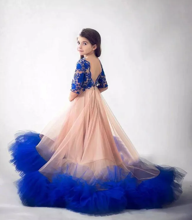 

Cute Baby Blue Lace Toddler Pageant Gown Half Sleeves Floor Length Long Junior Dress For Weddings