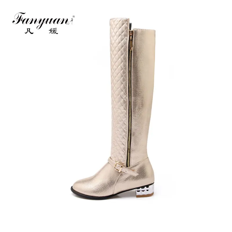 

Fanyuan Women Comfortable Low Heel Side Zipper Over The Knee Boots Fashion Square Toe Warm Winter Shoes nigh club gold boots