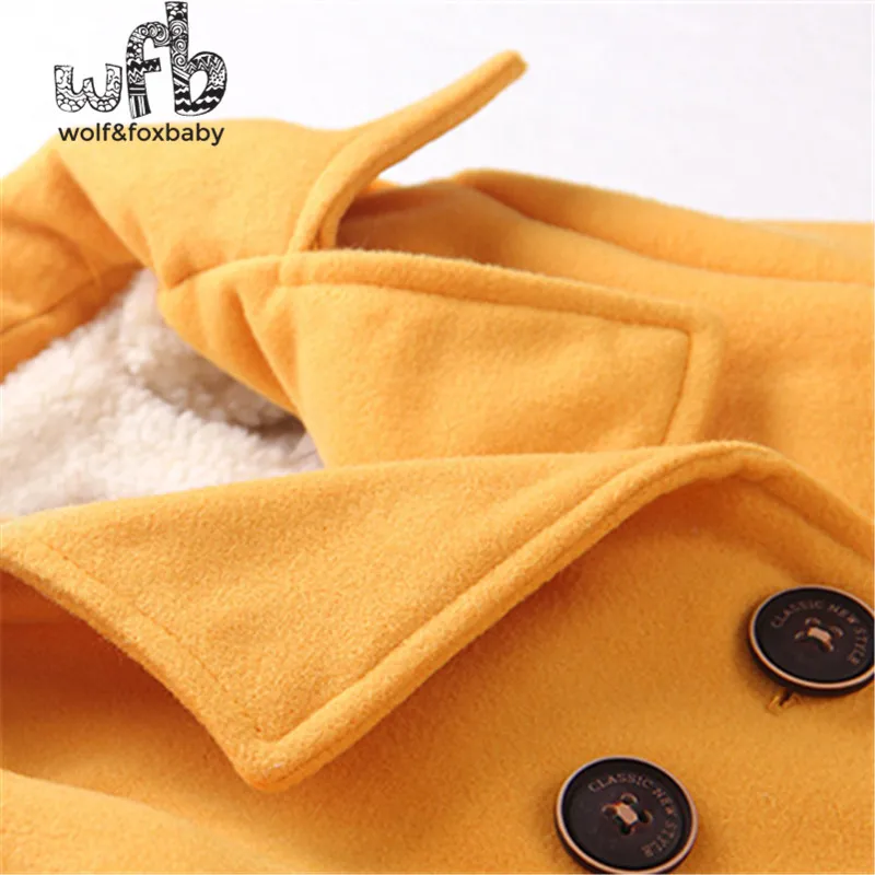 Retail 3-10 years children coats Plus velvet thickening double breasted full-sleeves solid color kids spring autumn fall winter
