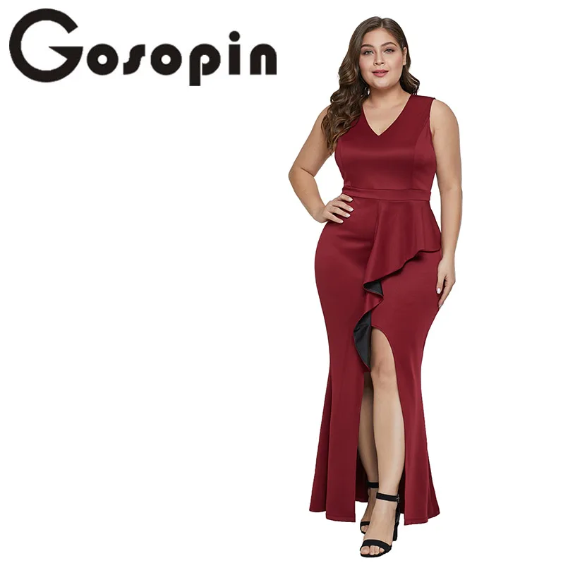

Gosopin V Neck Plus Size Sexy Slit Dress Women Summer Party Maxi Dress 2019 Ruffles Big Size Elegant Bodycon Dresses LC610952
