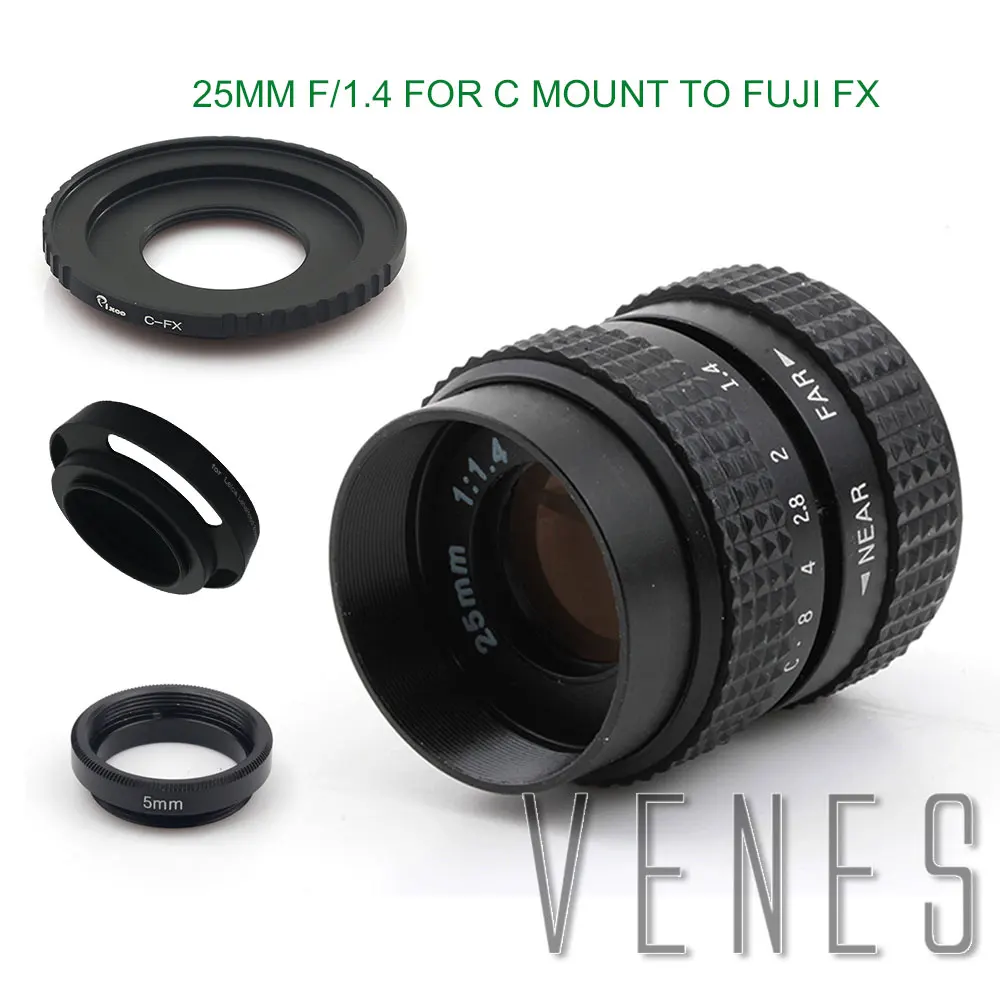 VENES 25mm f/1.4 CC TV Lens for EOS M Micro 4/3 /For Pentax Q For Nex FX NI1 +Lens Hood+Macro Ring+C Mount to camera adapter