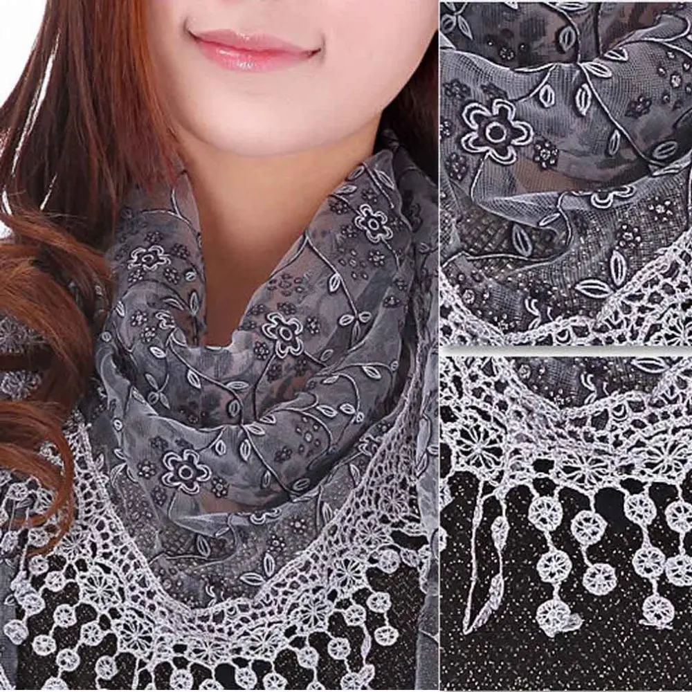 

Women Adult Lace Hollow Out Sheer Floral Print Triangle Tassel Scarf Shawl Wrap Tassel Lightweight Soft Voile Style 2017 Fashion