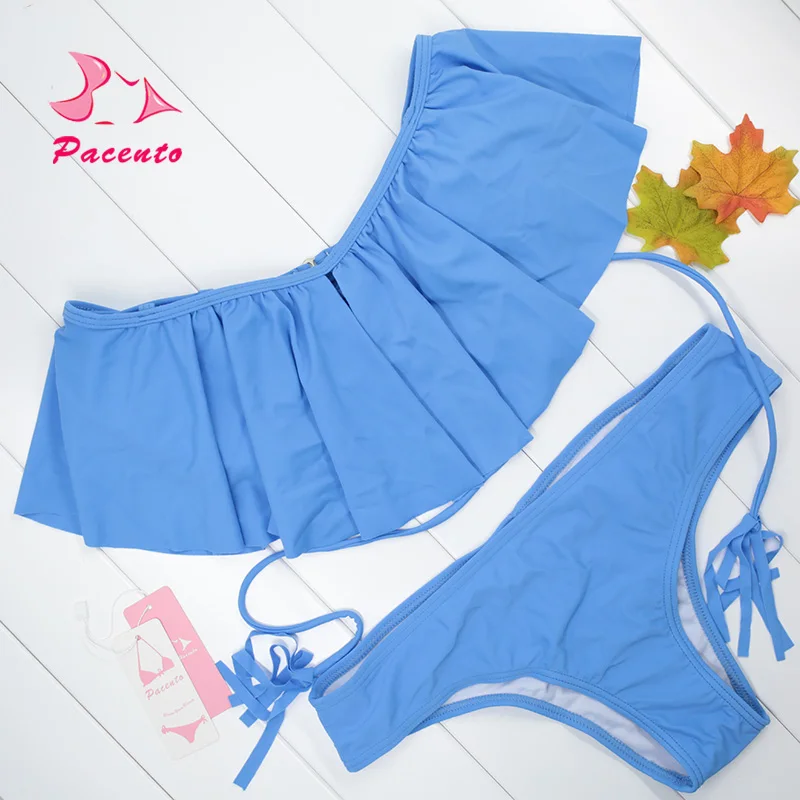 

Pacento Swimwear Female Off Shoulder Style String Bikini Solid Striped Biquine Women 2017 Two Piece Beach Swimsuit Plavky Damy