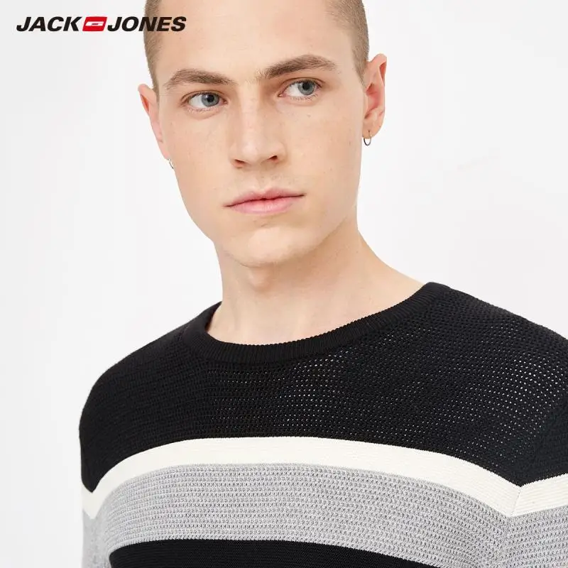 JackJones осенний мужской хлопковый большой полосатый свитер с круглым вырезом, топ 218324523