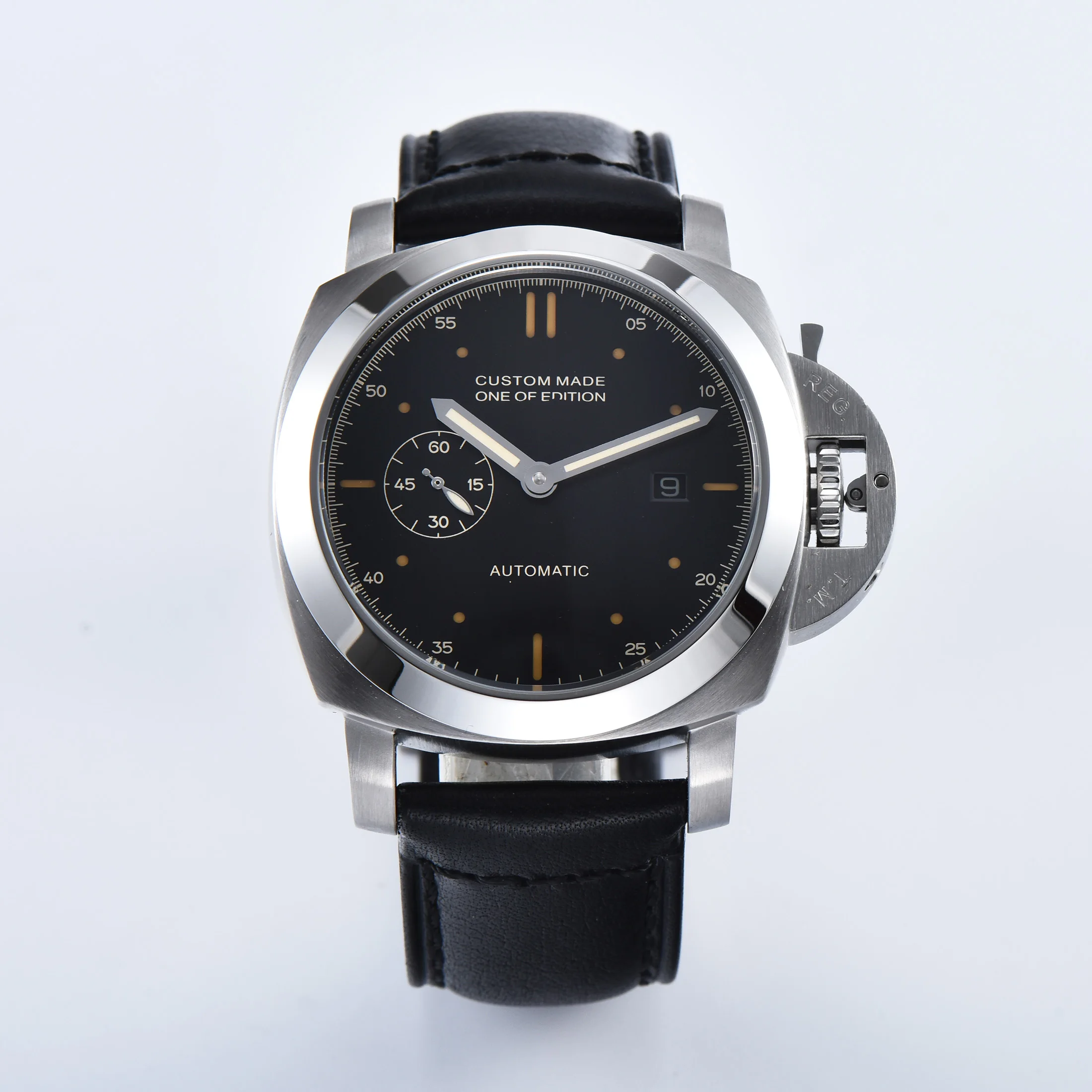 

Parnis automatic movement 44MM watch men's clock silver stainless steel case military leather strap black dial 415-6