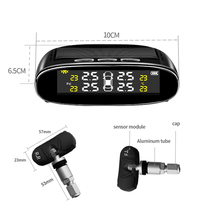 Solar Power Smart Car Tire Pressure Alarm Test Electronic TPMS Tire Pressure Monitoring System with External/Internal Sensor