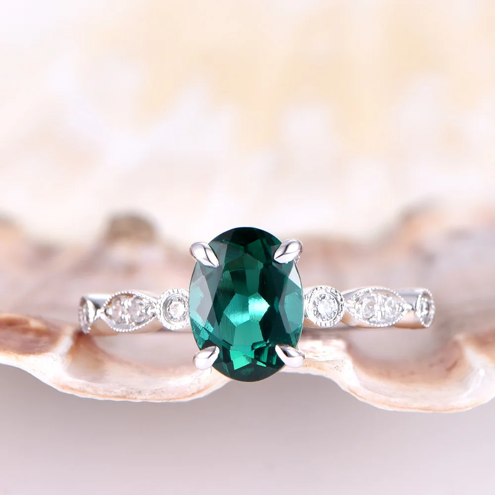 14k White Gold Lab Created Green Emerald Gemstone Engagement Ring Oval Natural Diamond Antique