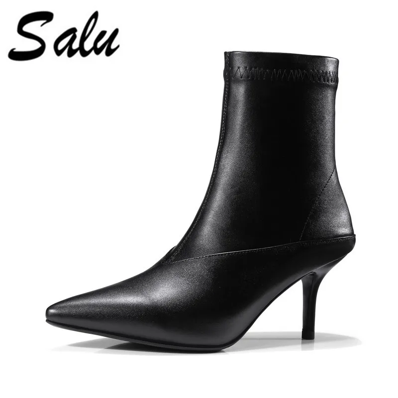 

Salu white 2019 Spring Autumn Black Boots Women Zipper High Heels Genuine leather Booties pointed toe Shoes