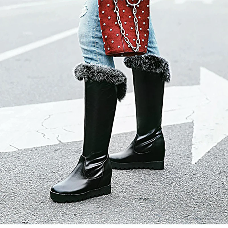 Mid Calf Boots Platform Wedges 8cm Heels Women Shoes Black Red White Fashion Slip On Ladies Warm Fur Winter Boots Plus Size 43 Mid Calf Boots Platform Wedges 8cm Heels Women Shoes Black Red White Fashion Slip On Ladies Warm Fur Winter Boots Plus Size 43