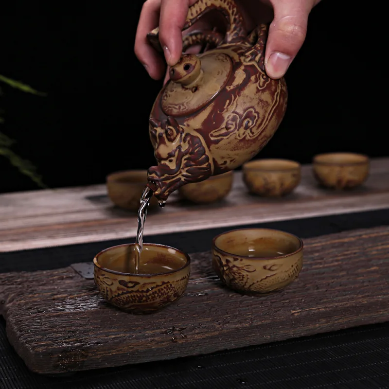 

10Pcs/Set Chinese KONGFU Tea Set Retro Rough Pottery Embossed Dragon Ceramic Tea Sets Teapot Filter Purple Tea Cups