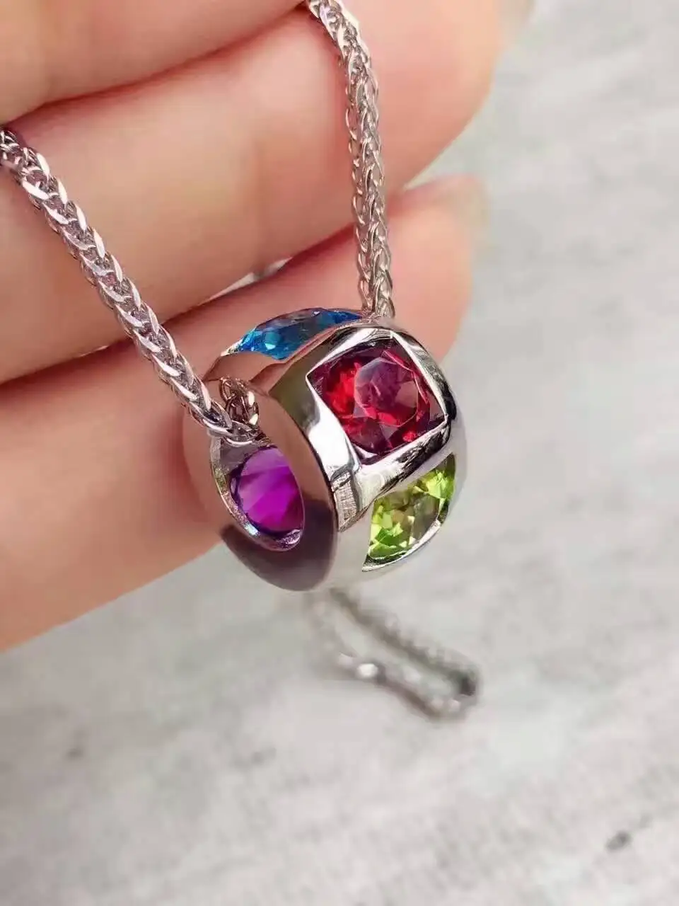 

natural Multicolor tourmaline pendant S925 silver Natural garnet crystal peridot Pendant Good luck round beads girl gift jewelry