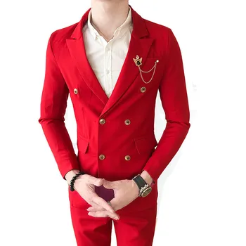 

Men's suits English Slim Groom Wedding Double-breasted suit two-piece suit (Jacket Pants) Business high quality Slim blazer 2019