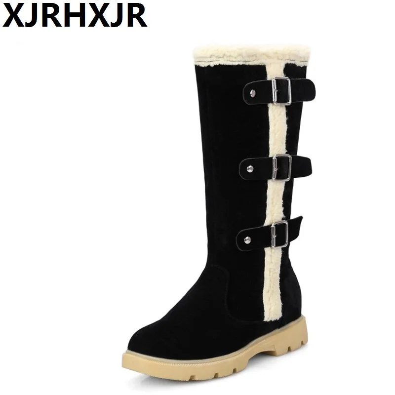 

XJRHXJR Large Size 33-42 Knee-high Boots Round Toe Flat Heels Platform Women Boots High Quality Russia Winter Snow Boots