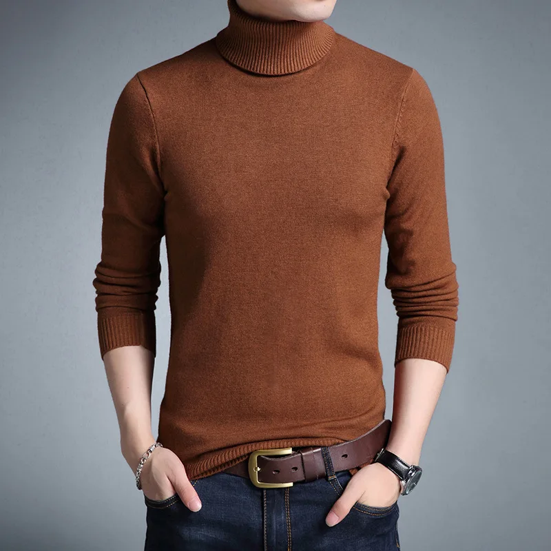 Новинка, модный брендовый свитер с высоким воротом, Мужской пуловер, Приталенный джемпер, вязаная Осенняя повседневная мужская одежда - Цвет: Brown