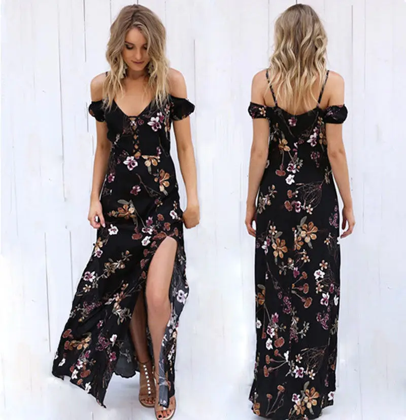 

Summer 2017 Ladies Striped Chiffon Dress Summer Boho Evening Party Long Maxi Beach Dress