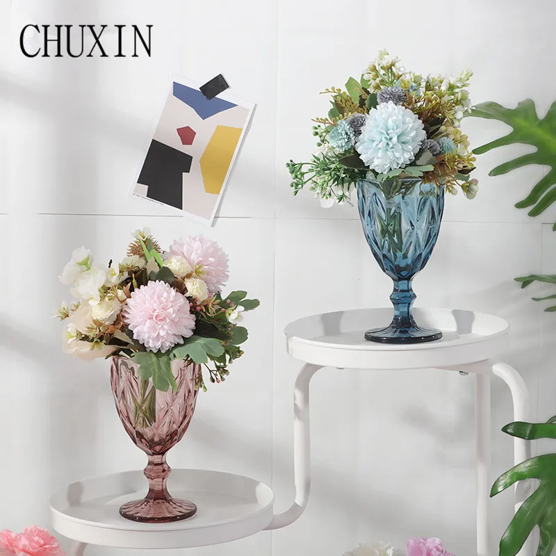 European Wine Glass Glass Vase Artificial Flower Transparent Home