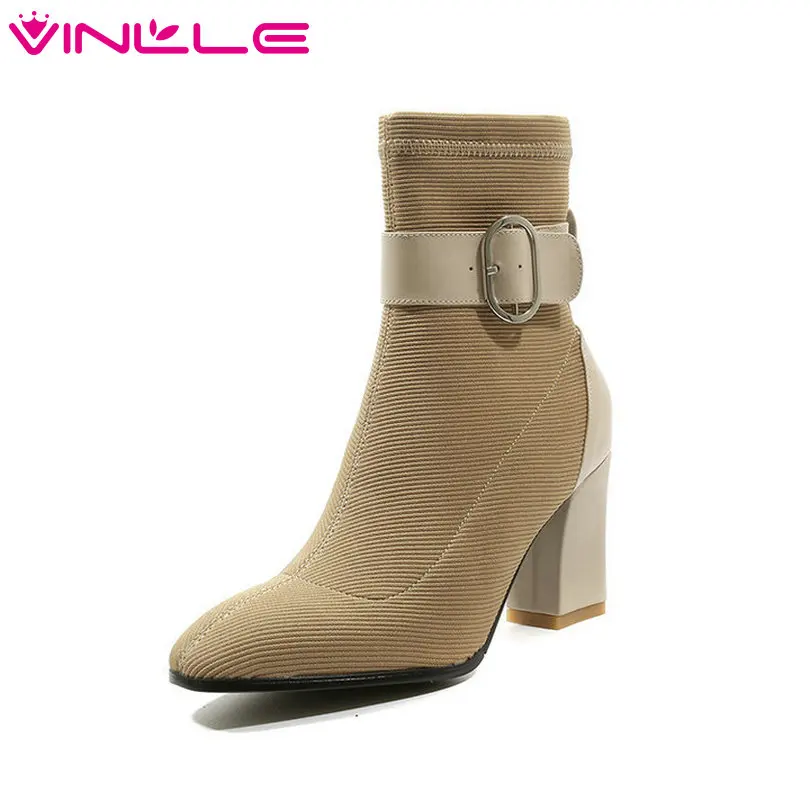 

VINLLE 2019 Women Ankle Boots Pu Leather +knitting Sock Boots Fashion All Match Square High Heel Women Boots Size 34-43