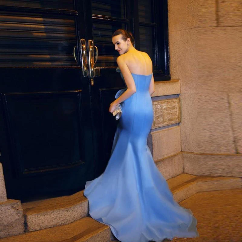 light-sky-blue-mermaid-evening-dresses-strapless-sweep-train-big-bow-pom-gowns-cheap-red-carpet-formal-dress