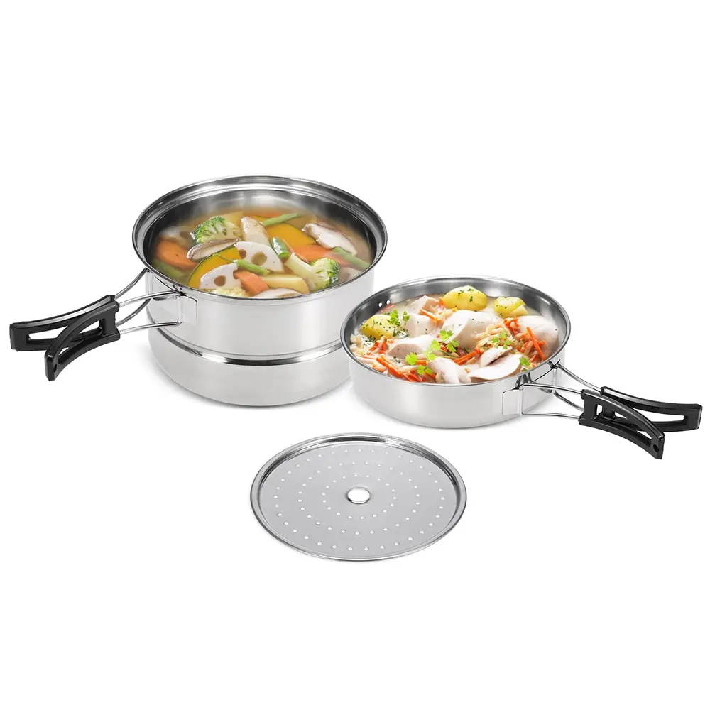 

3Pc Ultralight Camping Cookware Set Stainless Steel Pot Frying Pan Steaming Rack Outdoor Tableware Set Hiking Picnic Backpacking