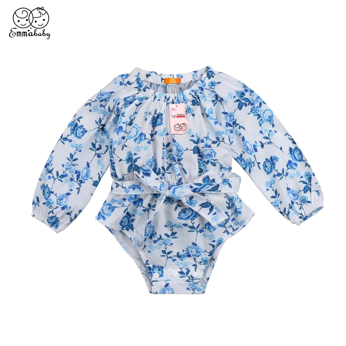 Newborn Infant Baby Girls Floral Long Sleeve Sashes Drawstring Bodysuit