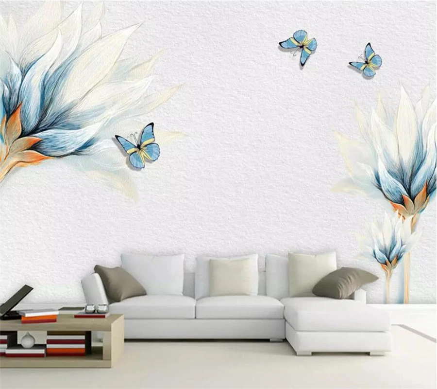 3d фотообои beibehang на заказ синие ручная роспись цветы Бабочка фон для телевизора