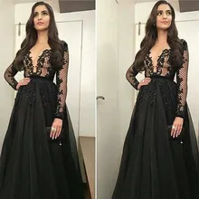 Langarm Schwarz Abendkleider Sexy Tiefer V-ausschnitt Organza eine Linie Bodenlangen Formale Kleider Arabischen Robe De Soiree