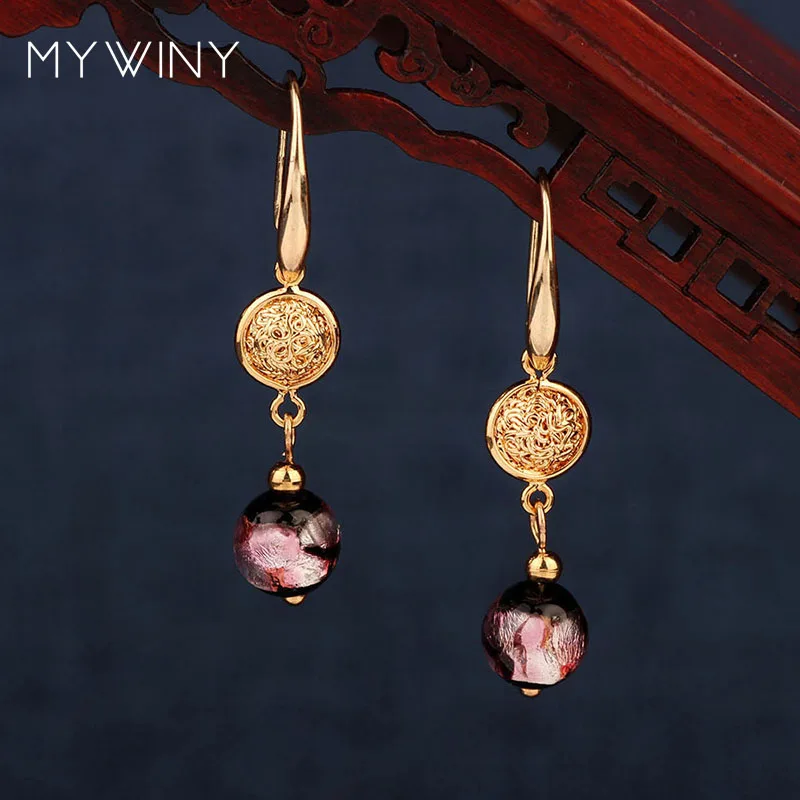 MYWINY медь природа камни Винтаж глазированное стекло фиолетовые серьги, модные этнические серьги ювелирные изделия