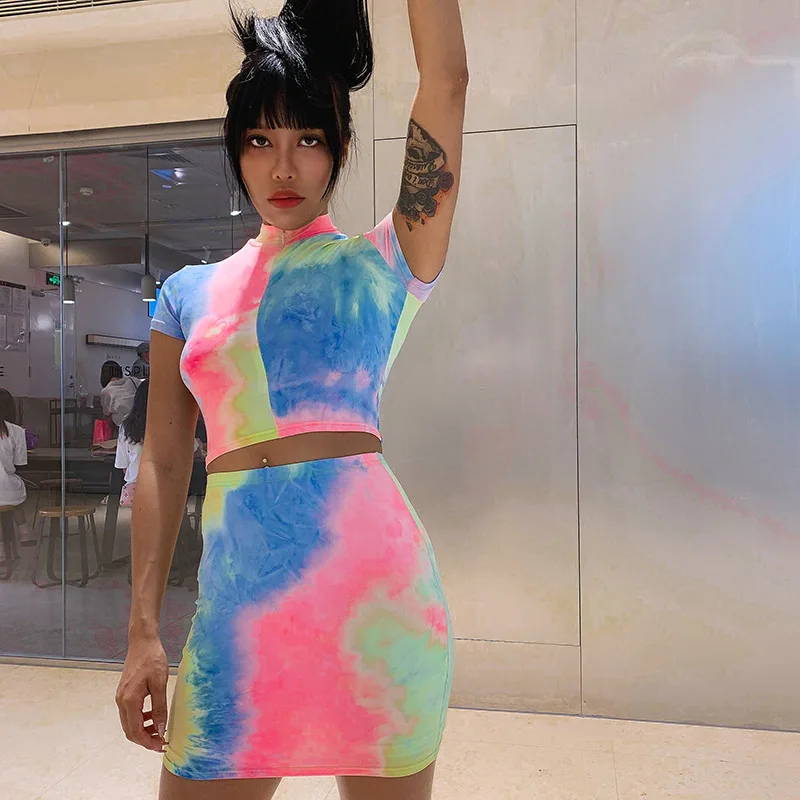 

Women Slim Slimming Tie-dye Two-piece Suits Zipper O-neck Tops+ Elastic Waist Shorts Fashion Streetwear Sets Female Hot Sale Set