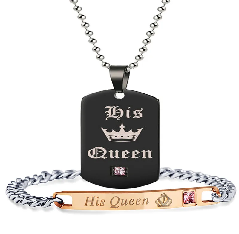 Black Necklaces & Pendants Her King And His Queen Couple Necklace Stainless Steel Pink Blue Crystal Couple Bracelet Necklace Set