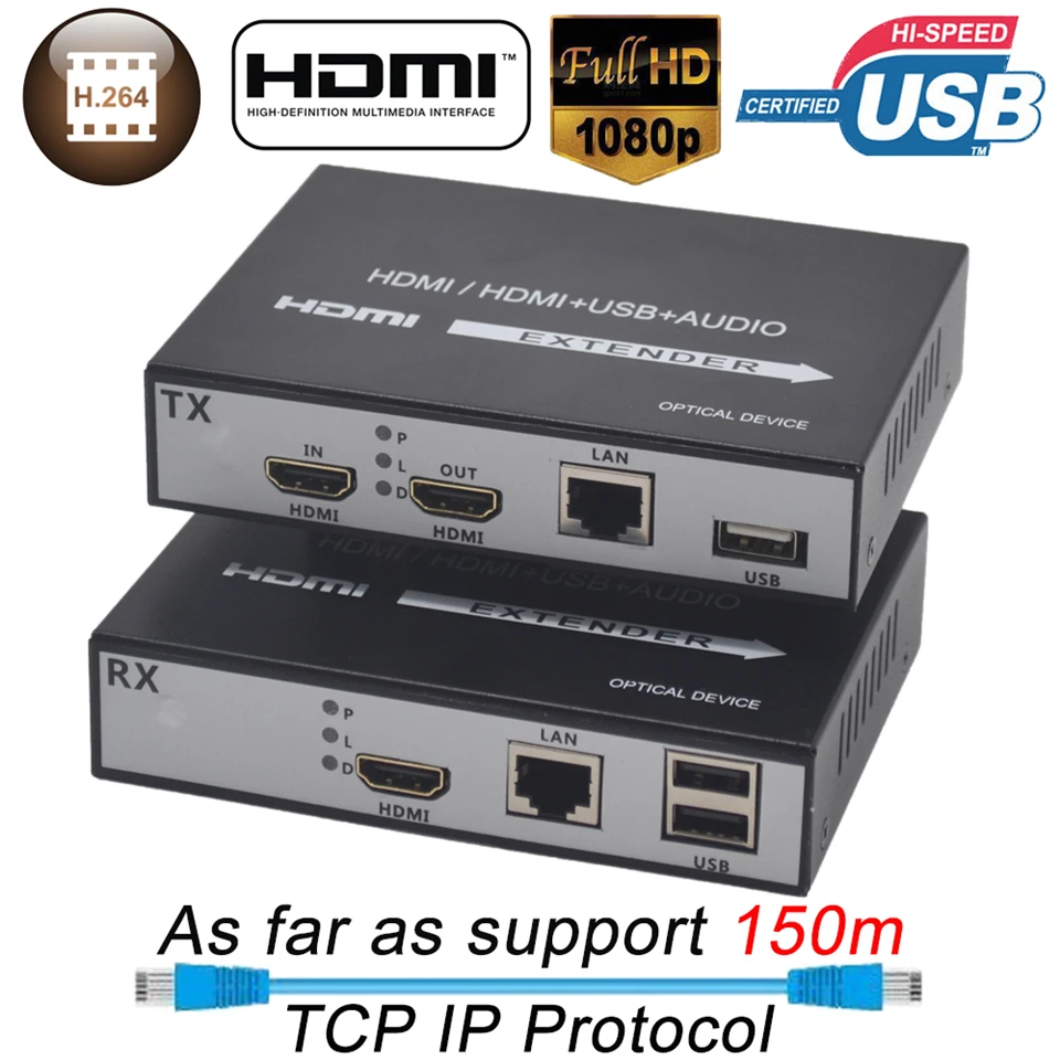 150 м HDMI USB удлинитель RJ45 IP сеть USB KVM над IP удлинитель над Cat5 Cat5e Cat6 H.264 HDMI KVM удлинитель с петлей