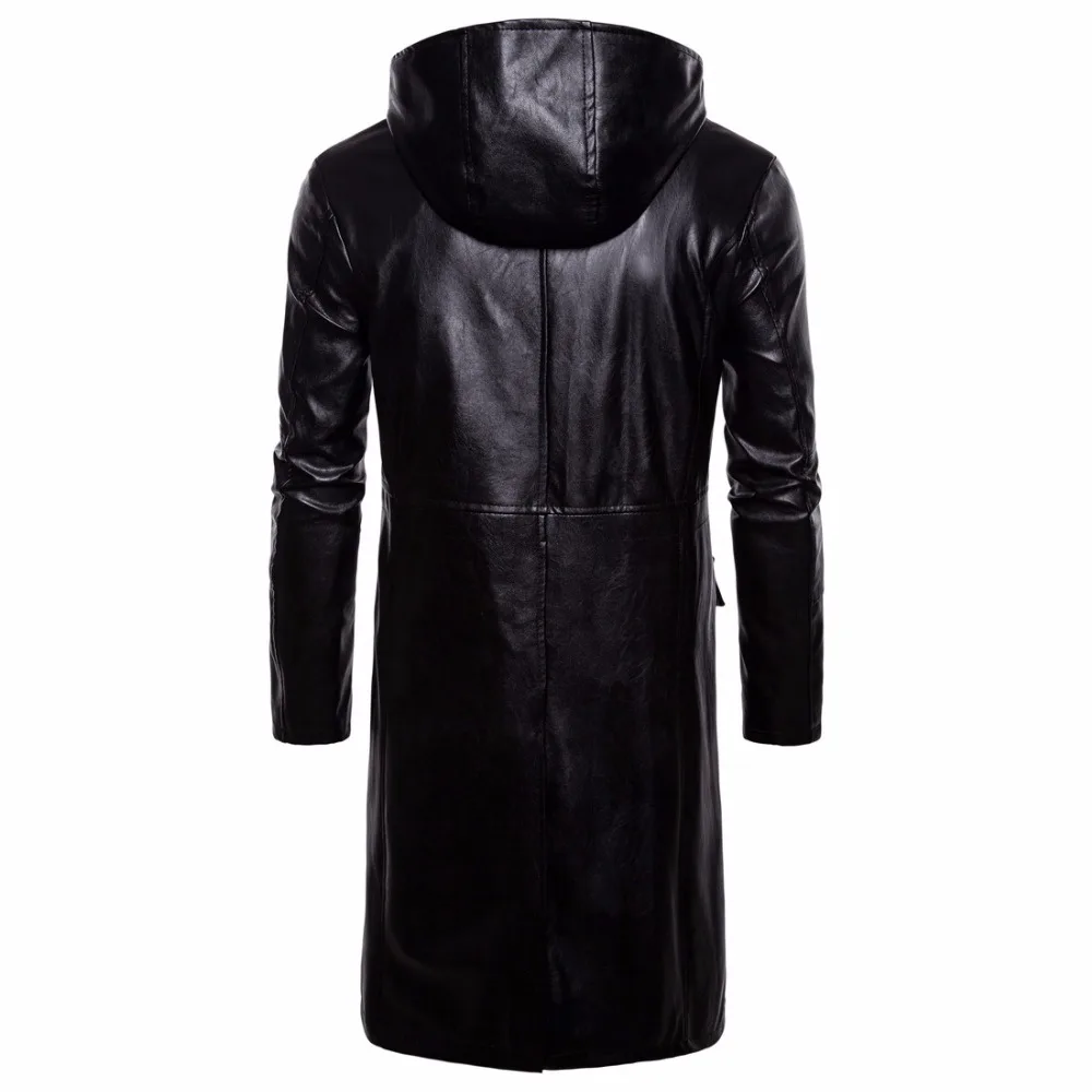 Осень-зима, Длинная кожаная куртка с капюшоном, мужские пальто, кожаный Тренч, Мужская мотоциклетная кожаная куртка, ветровка для мужчин