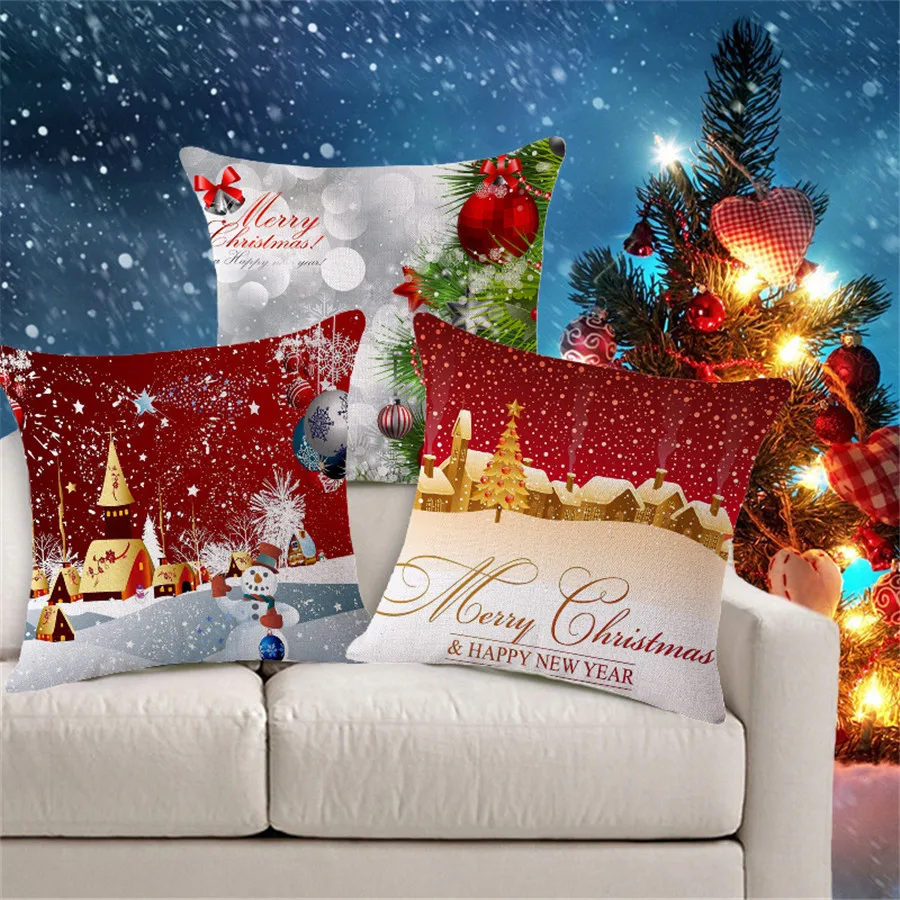 

Happy holidays Merry Christmas decorative throw pillow case square cotton linen cushion cover for sofa home capa de almofadas