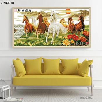 

QIANZEHUI,Needlework,DIY Eight Horses Landscape Cross stitch,Sets For Embroidery kits Wishing you every success Cross-Stitch