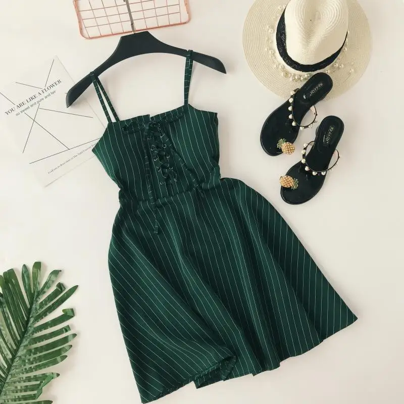 ALPHALMODA женское новое классическое Полосатое платье на бретельках, на шнуровке, с высокой талией, приталенное, для девушек, ТРАПЕЦИЕВИДНОЕ, винтажное, летнее, Vestidos - Цвет: Зеленый
