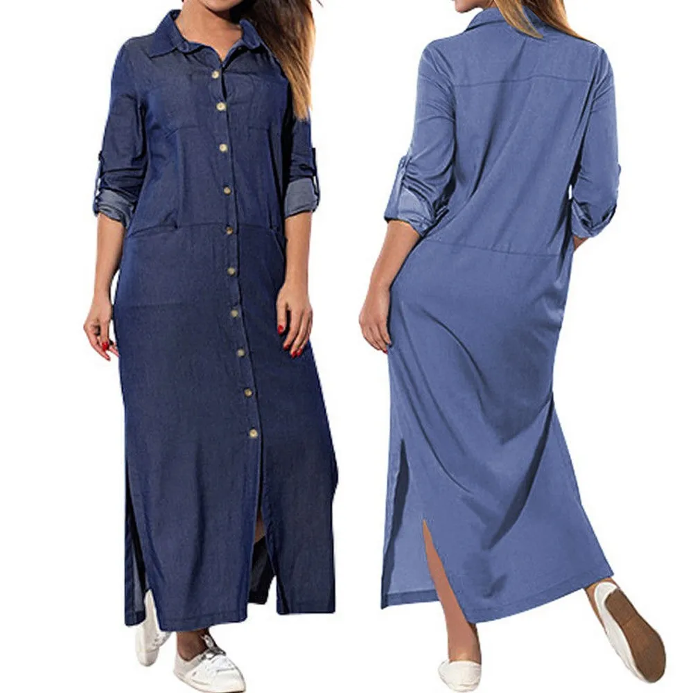 

CHAMSGEND women's dress 2018 Fashion Summer Women's Pockets Loose Swing T-Shirt Dress Long Sleeve Denim Solid Dresses July11