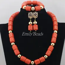Смарт-оранжевые коралловые бусины Цепочки и ожерелья браслет серьги комплект из туфлей в нигерийском стиле Свадебные африканская бижутерия наборы CJ455