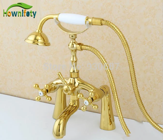 

Luxury Gold Plate Bathroom Deck Mount Tub Faucet Ceramic Handshower Mixer Tap