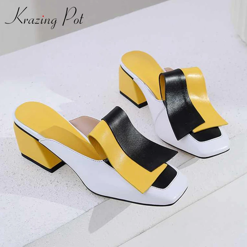

Krazing Pot new genuine leather patch work mixed color mules women daily wear square toe novelty princess fairy Summer pumps L51