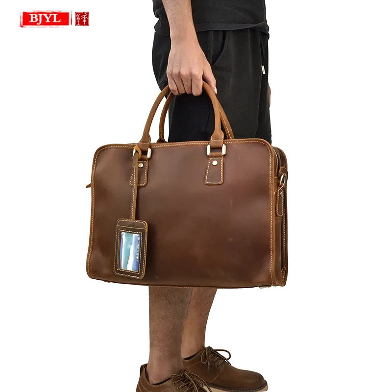 

Genuine Leather Men's Briefcase Crazy Horse Leather Retro handbag shoulder bag male Tote Work Bag business 15 Inch Computer Bags