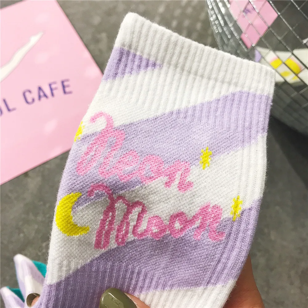 Cute Candy Color Moon Pattern Women Girl Combed Cotton Crew Socks Kawaii Harajuku Funny Art Sox Pink White Old School Korean Cute Candy Color Moon Pattern Women Girl Combed Cotton Crew Socks Kawaii Harajuku Funny Art Sox Pink White Old School Korean