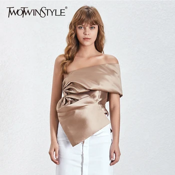 

TWOTWINSTYLE Korean Off Shoulder Sexy Solid Women Blouse Sleeveless Irregular Solid Shirt Female Spring 2020 Fashion Clothes New