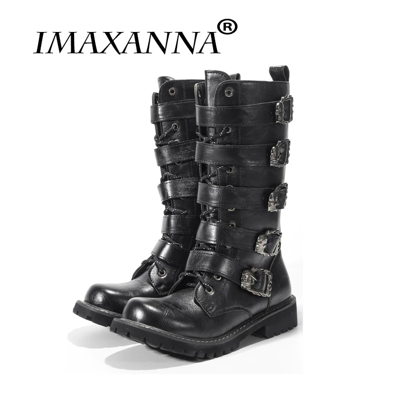 

IMAXANNA Mid-Calf Motorcycle Men Boots Leather Skull Winter Shoes Male Botas Hombre High top Men Shoes