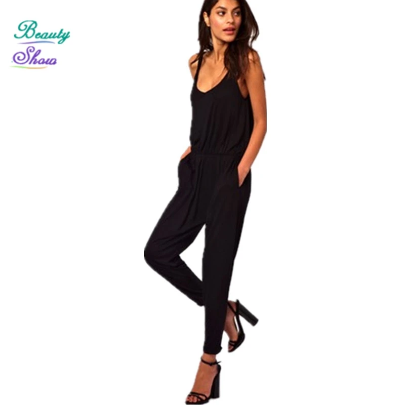 Cotton Solid Jumpsuit Women Sleeveless Spaghetti Strap Full Length
