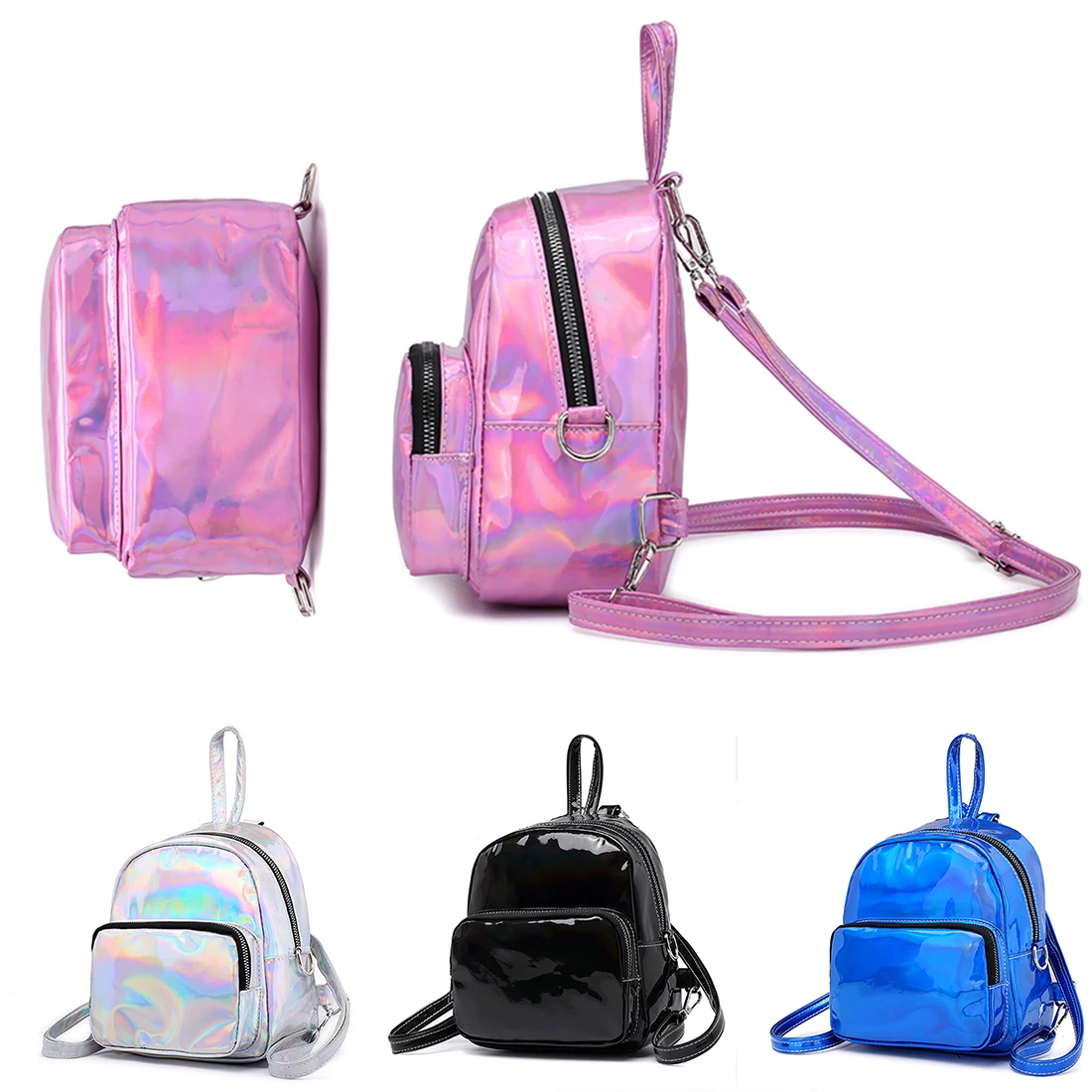 

Women School Shiny Laser Mini Travel Student Cute Ladies Leather Hologram Backpacks Silver Small Holographic Backpack