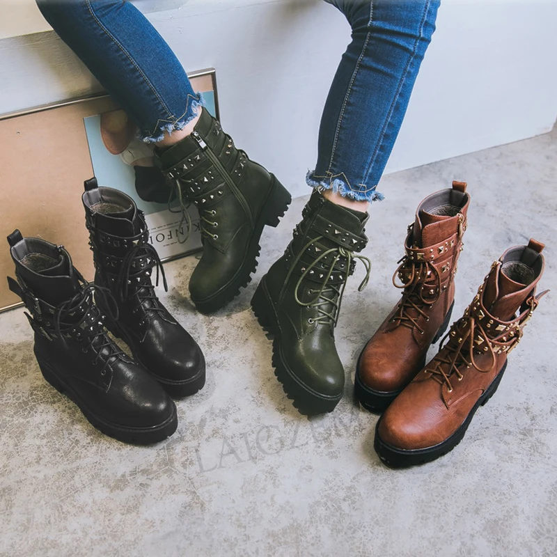 LAIGZEM Women Ankle Boots Mid Chunky Heels Combat Cow Girl Boots Punk Studs Boots Shoes Woman Botines Mujer Small Big Size 32-43 (3)