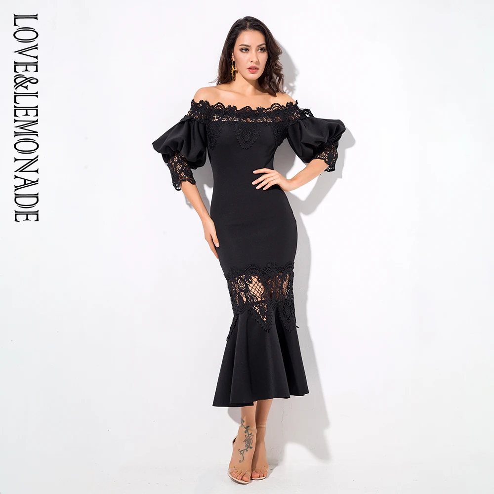 Love& Lemonade черные вечерние платья с открытыми плечами и кружевными вставками LM1199