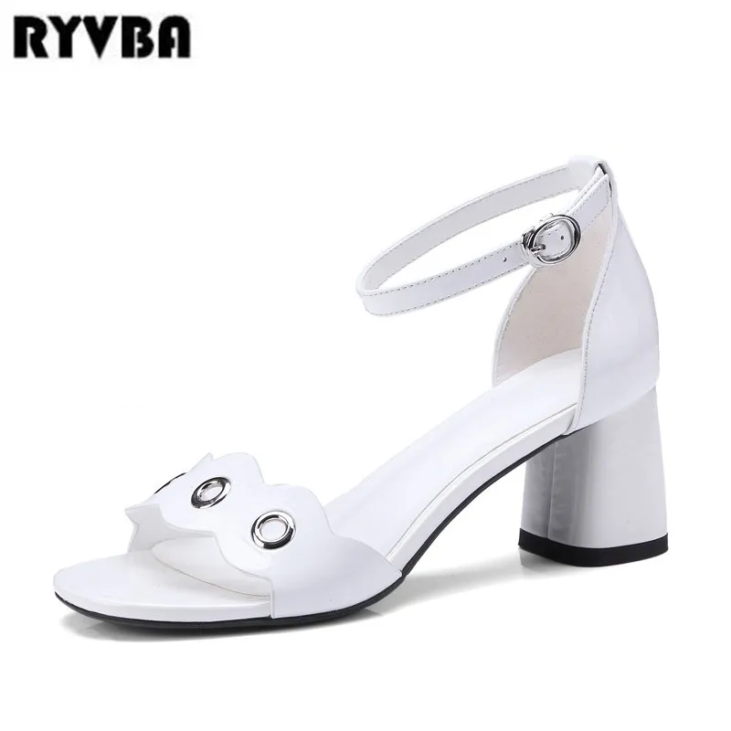 

RYVBA womens patent genuine leather sandalias women 2018 summer high heel sandals woman sexy cut outs sandal black white shoes